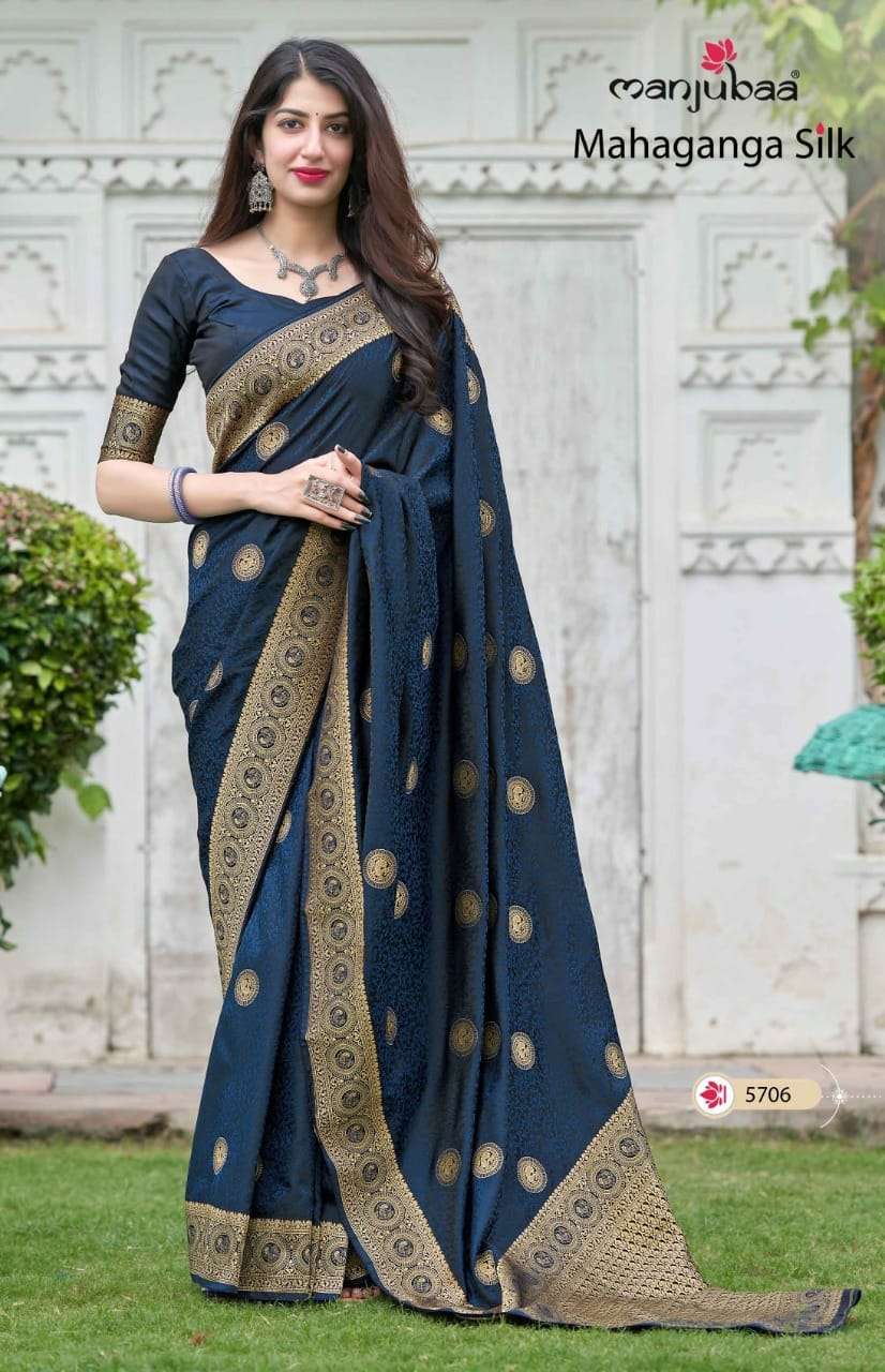 MAHAGANGA SILK BY MANJUBAA CLOTHING 5701 TO 5708 SERIES INDIAN TRADITIONAL WEAR COLLECTION BEAUTIFUL STYLISH FANCY COLORFUL PARTY WEAR & OCCASIONAL WEAR SILK SAREES AT WHOLESALE PRICE