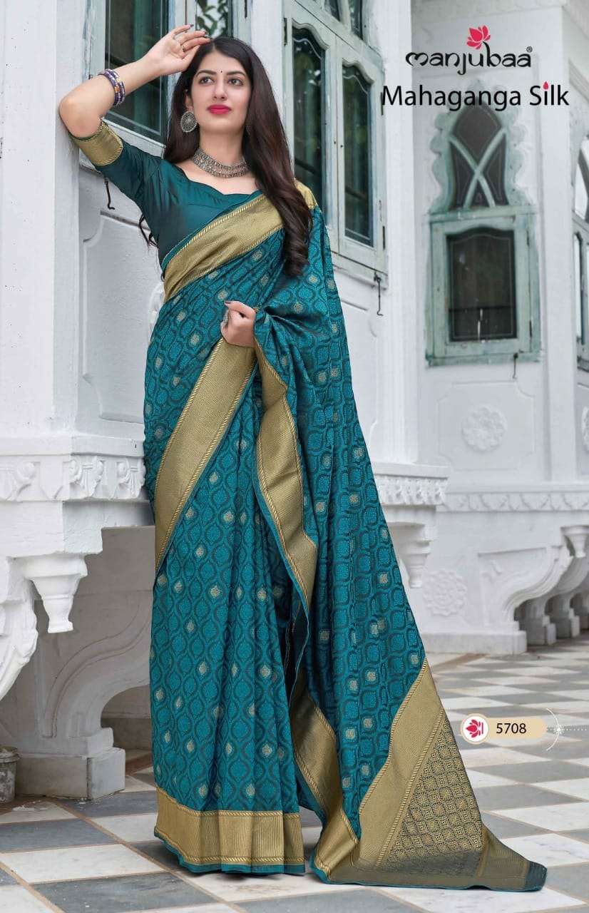 MAHAGANGA SILK BY MANJUBAA CLOTHING 5701 TO 5708 SERIES INDIAN TRADITIONAL WEAR COLLECTION BEAUTIFUL STYLISH FANCY COLORFUL PARTY WEAR & OCCASIONAL WEAR SILK SAREES AT WHOLESALE PRICE