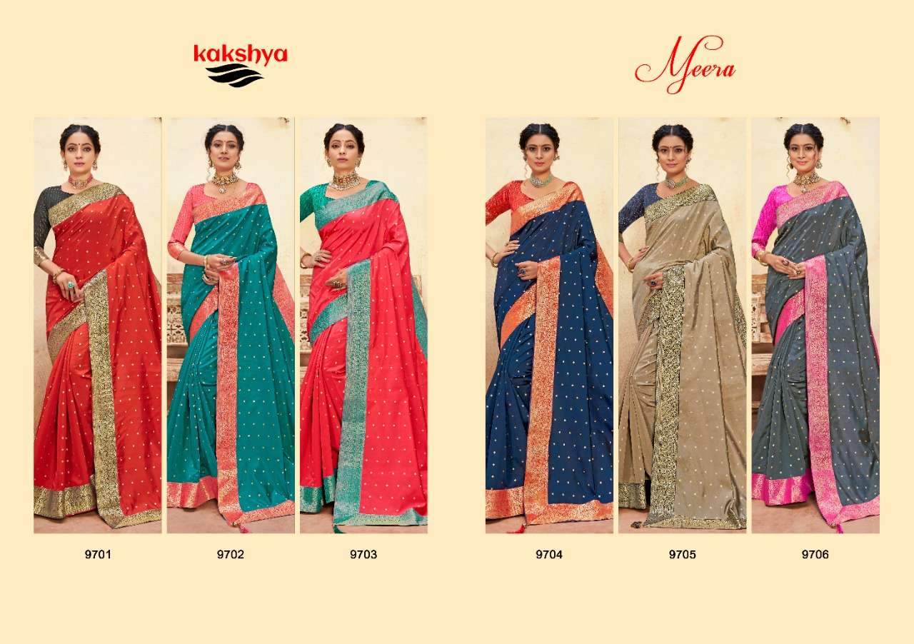 MEERA BY KAKSHYA 9701 TO 9706 SERIES INDIAN TRADITIONAL WEAR COLLECTION BEAUTIFUL STYLISH FANCY COLORFUL PARTY WEAR & OCCASIONAL WEAR LICHI KOTA SAREES AT WHOLESALE PRICE