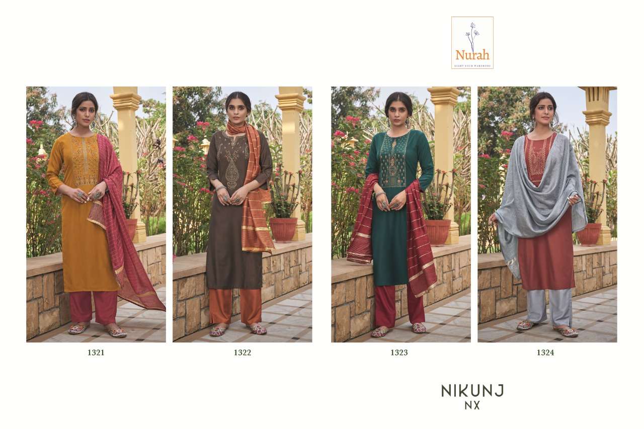 NIKUNJ NX BY NURAH 1321 TO 1324 SERIES BEAUTIFUL SUITS COLORFUL STYLISH FANCY CASUAL WEAR & ETHNIC WEAR CHINNON SILK DRESSES AT WHOLESALE PRICE
