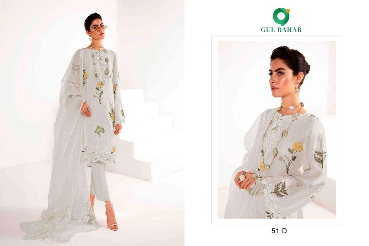 SHAKIRA VOL-1 BY GUL BAHAR 51-A TO 51-D SERIES BEAUTIFUL SUITS COLORFUL STYLISH FANCY CASUAL WEAR & ETHNIC WEAR FAUX GEORGETTE EMBROIDERED DRESSES AT WHOLESALE PRICE