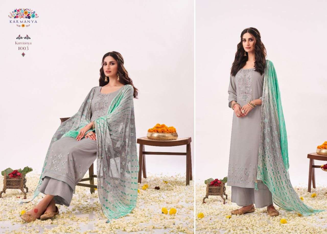 KARMANYA 1000 SERIES BY KARMANYA 1000 TO 1003 SERIES BEAUTIFUL SUITS COLORFUL STYLISH FANCY CASUAL WEAR & ETHNIC WEAR PURE MUSLIN EMBROIDERED DRESSES AT WHOLESALE PRICE