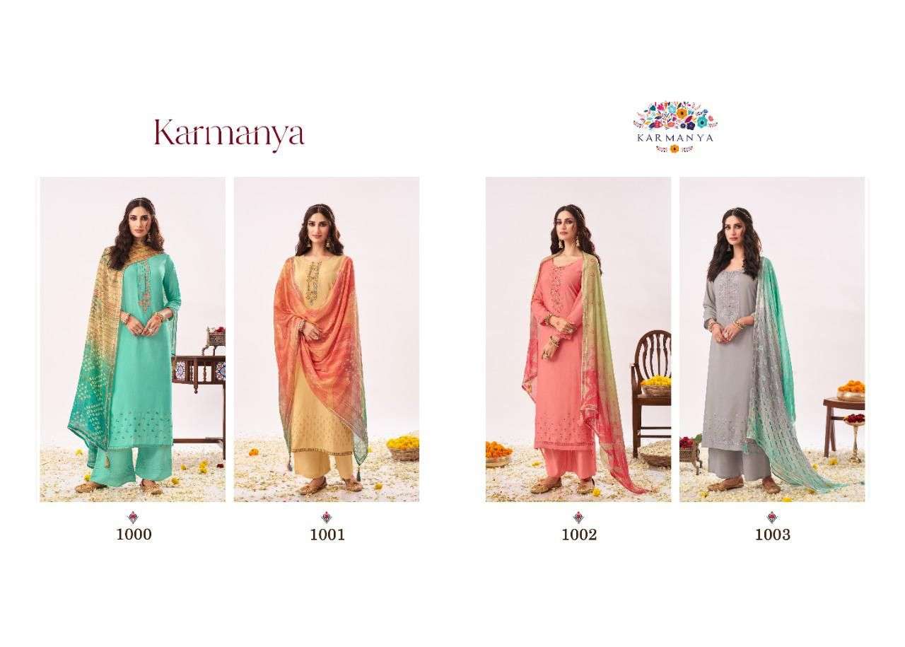 KARMANYA 1000 SERIES BY KARMANYA 1000 TO 1003 SERIES BEAUTIFUL SUITS COLORFUL STYLISH FANCY CASUAL WEAR & ETHNIC WEAR PURE MUSLIN EMBROIDERED DRESSES AT WHOLESALE PRICE