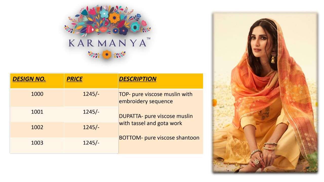 KARMANYA 1000 SERIES BY KARMANYA 1000 TO 1003 SERIES BEAUTIFUL SUITS COLORFUL STYLISH FANCY CASUAL WEAR & ETHNIC WEAR PURE MUSLIN EMBROIDERED DRESSES AT WHOLESALE PRICE