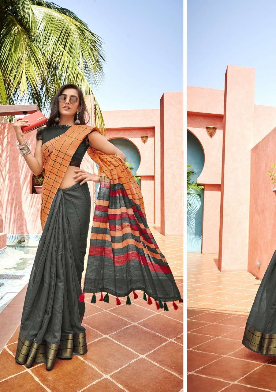 MFUNE VOL-3 BY TRIVENI 25318 TO 25325 SERIES INDIAN TRADITIONAL WEAR COLLECTION BEAUTIFUL STYLISH FANCY COLORFUL PARTY WEAR & OCCASIONAL WEAR LINEN COTTON SAREES AT WHOLESALE PRICE