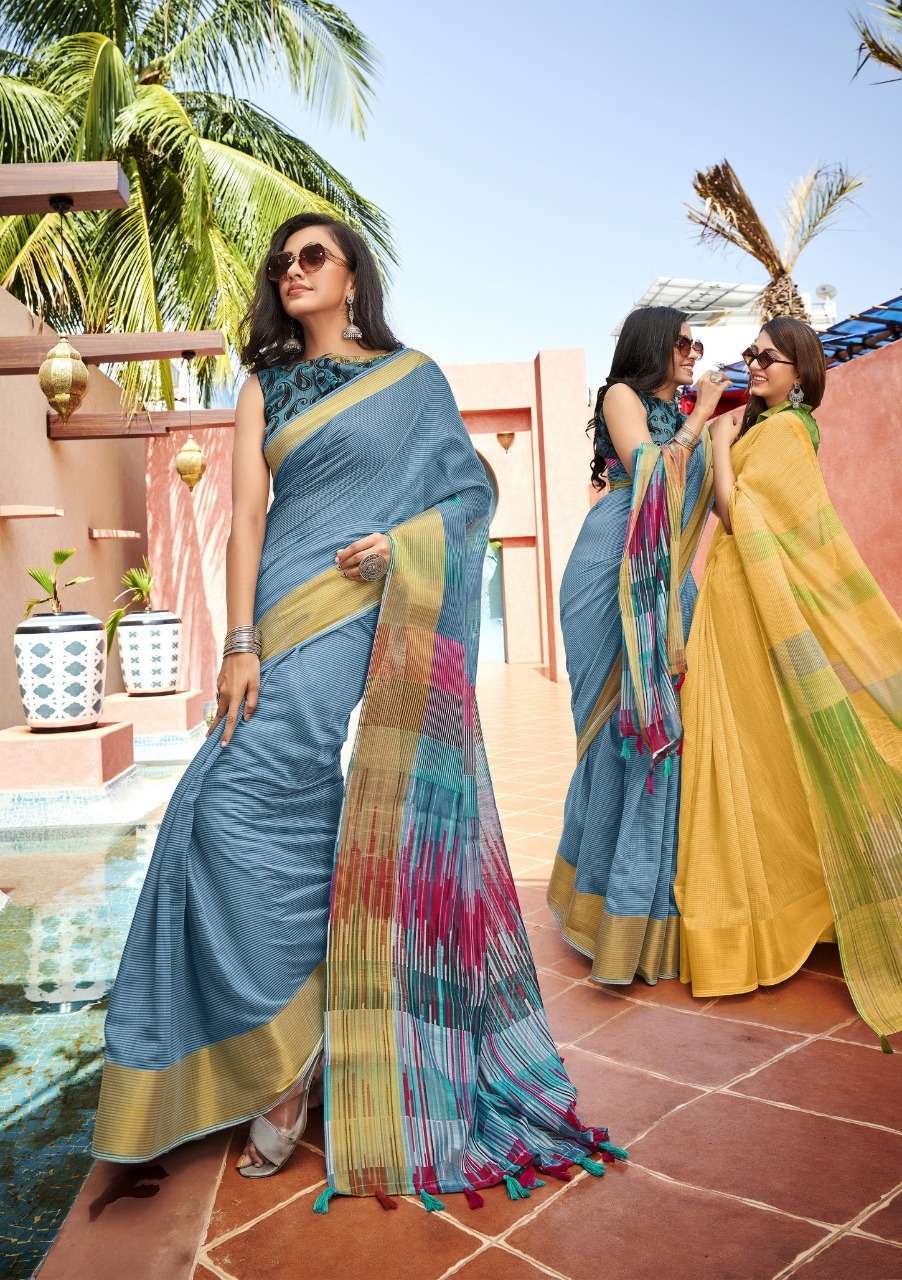 MFUNE VOL-3 BY TRIVENI 25318 TO 25325 SERIES INDIAN TRADITIONAL WEAR COLLECTION BEAUTIFUL STYLISH FANCY COLORFUL PARTY WEAR & OCCASIONAL WEAR LINEN COTTON SAREES AT WHOLESALE PRICE