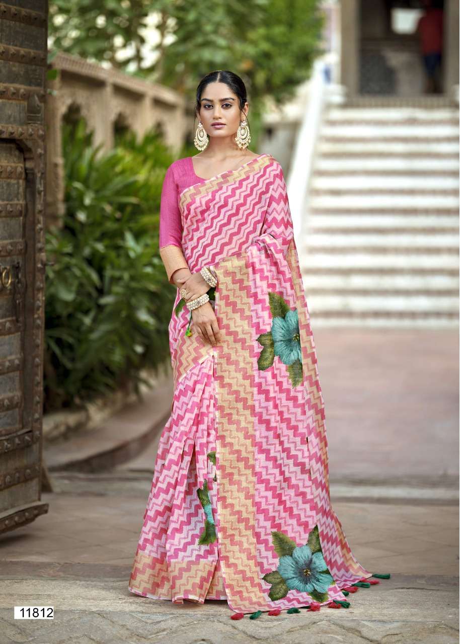 GANGAUR BY TRIVENI 11811 TO 11818 SERIES INDIAN TRADITIONAL WEAR COLLECTION BEAUTIFUL STYLISH FANCY COLORFUL PARTY WEAR & OCCASIONAL WEAR LINEN COTTON SAREES AT WHOLESALE PRICE