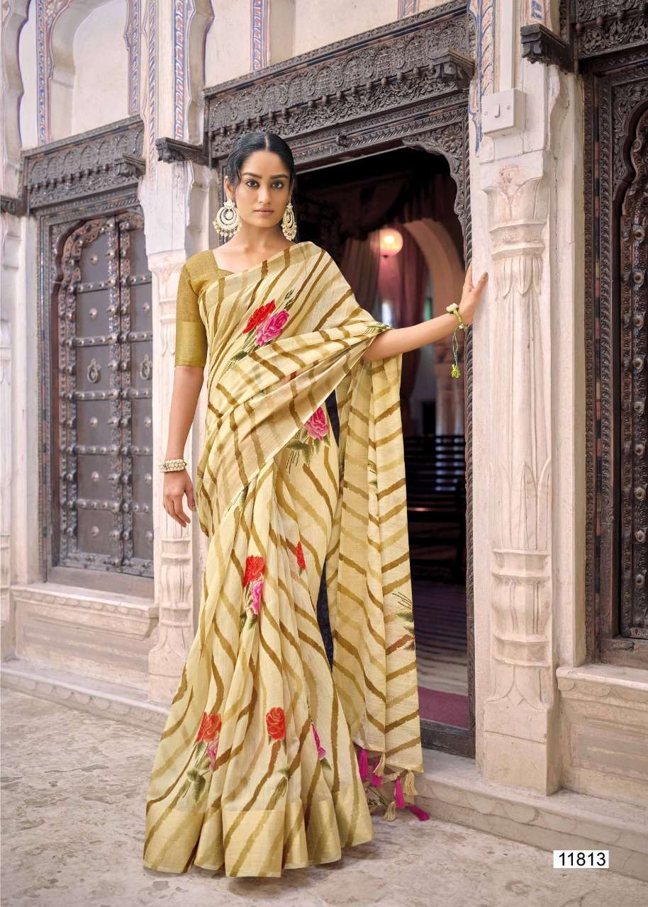GANGAUR BY TRIVENI 11811 TO 11818 SERIES INDIAN TRADITIONAL WEAR COLLECTION BEAUTIFUL STYLISH FANCY COLORFUL PARTY WEAR & OCCASIONAL WEAR LINEN COTTON SAREES AT WHOLESALE PRICE