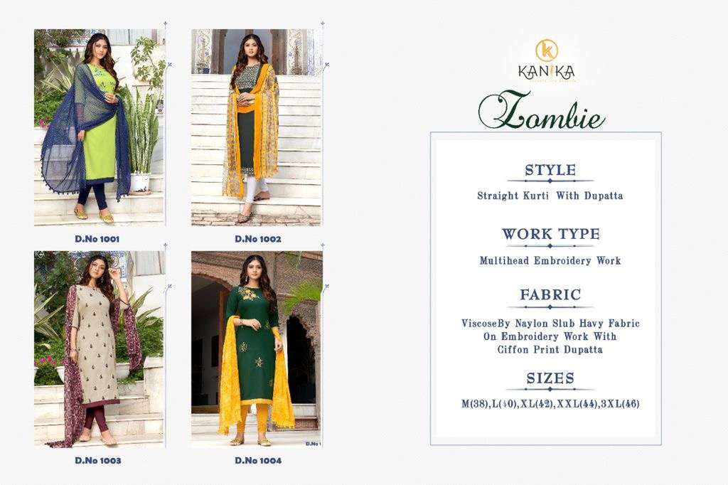 ZOMBIE BY KANIKA 1001 TO 1004 SERIES DESIGNER STYLISH FANCY COLORFUL BEAUTIFUL PARTY WEAR & ETHNIC WEAR COLLECTION VISCOSE NYLON EMBROIDERY KURTIS AT WHOLESALE PRICE