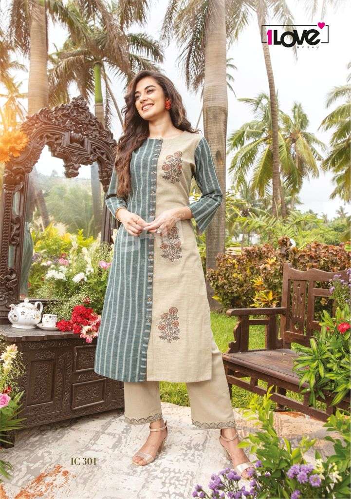 INDI CHIC VOL-3 BY 1 LOVE 301 TO 309 SERIES DESIGNER STYLISH FANCY COLORFUL BEAUTIFUL PARTY WEAR & ETHNIC WEAR COLLECTION HANDLOOM COTTON KURTIS WITH BOTTOM AT WHOLESALE PRICE