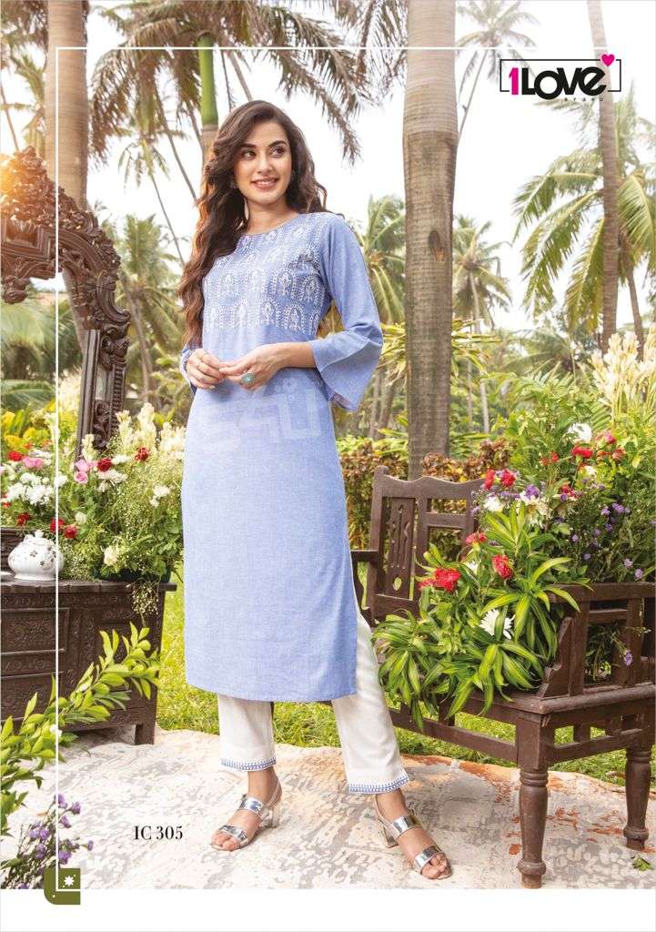 INDI CHIC VOL-3 BY 1 LOVE 301 TO 309 SERIES DESIGNER STYLISH FANCY COLORFUL BEAUTIFUL PARTY WEAR & ETHNIC WEAR COLLECTION HANDLOOM COTTON KURTIS WITH BOTTOM AT WHOLESALE PRICE