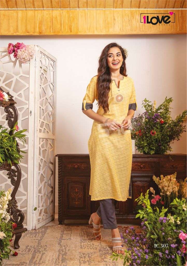 INDI CHIC VOL-3 BY 1 LOVE 301 TO 309 SERIES DESIGNER STYLISH FANCY COLORFUL BEAUTIFUL PARTY WEAR & ETHNIC WEAR COLLECTION HANDLOOM COTTON KURTIS WITH BOTTOM AT WHOLESALE PRICE