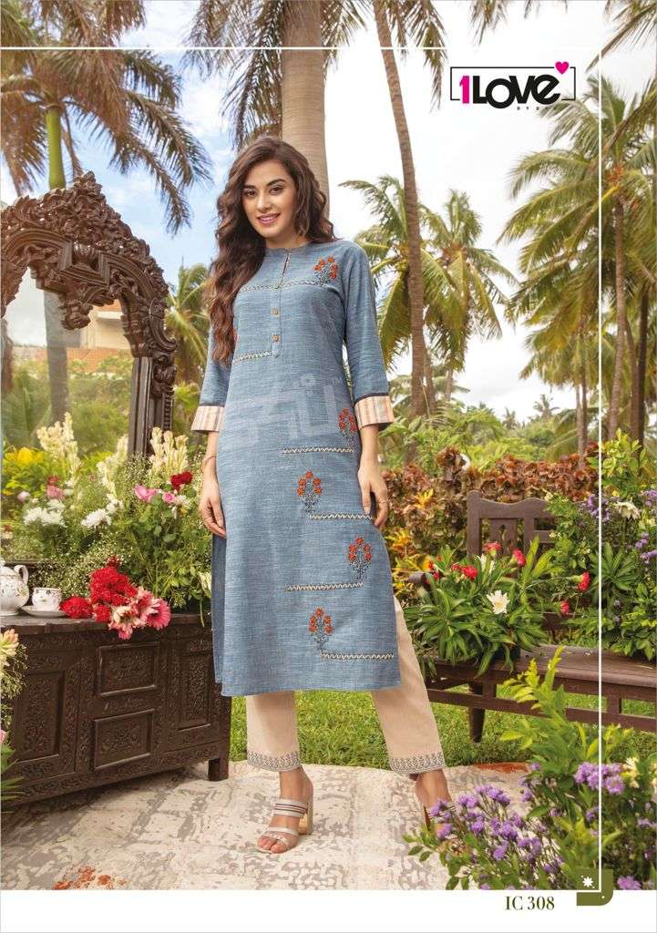INDI CHIC VOL-3 BY 1 LOVE 301 TO 309 SERIES DESIGNER STYLISH FANCY COLORFUL BEAUTIFUL PARTY WEAR & ETHNIC WEAR COLLECTION HANDLOOM COTTON KURTIS WITH BOTTOM AT WHOLESALE PRICE