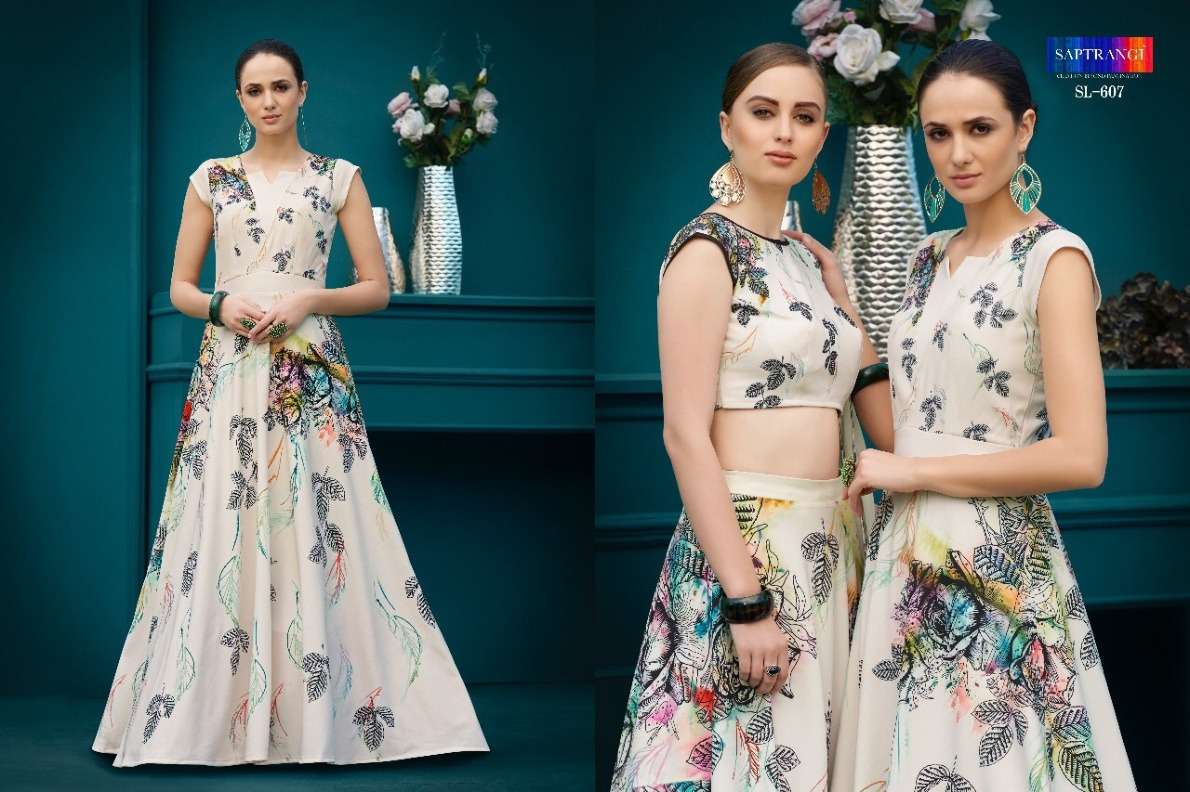 SAPTRANGI SL-601 SERIES BY SAPTRANGI SL-601 TO SL-607 SERIES BEAUTIFUL STYLISH FANCY COLORFUL CASUAL WEAR & ETHNIC WEAR PURE NATURAL SILK GOWNS AT WHOLESALE PRICE
