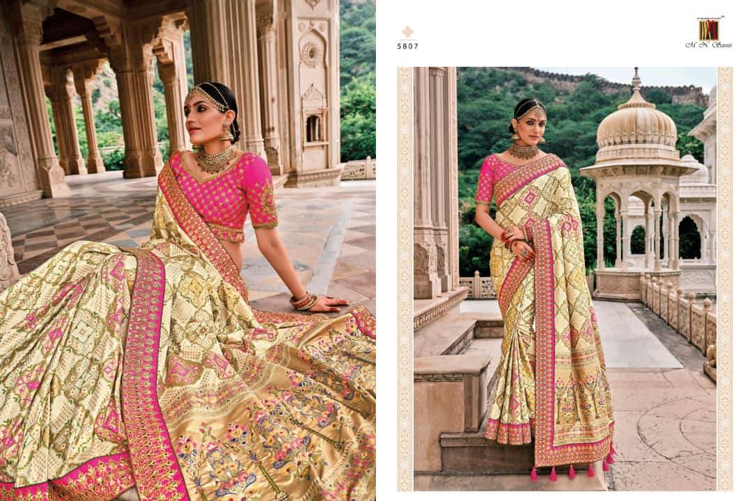 RAJ GHARANA BY M N SAREES 5801 TO 5819 SERIES INDIAN TRADITIONAL WEAR COLLECTION BEAUTIFUL STYLISH FANCY COLORFUL PARTY WEAR & OCCASIONAL WEAR FANCY SAREES AT WHOLESALE PRICE