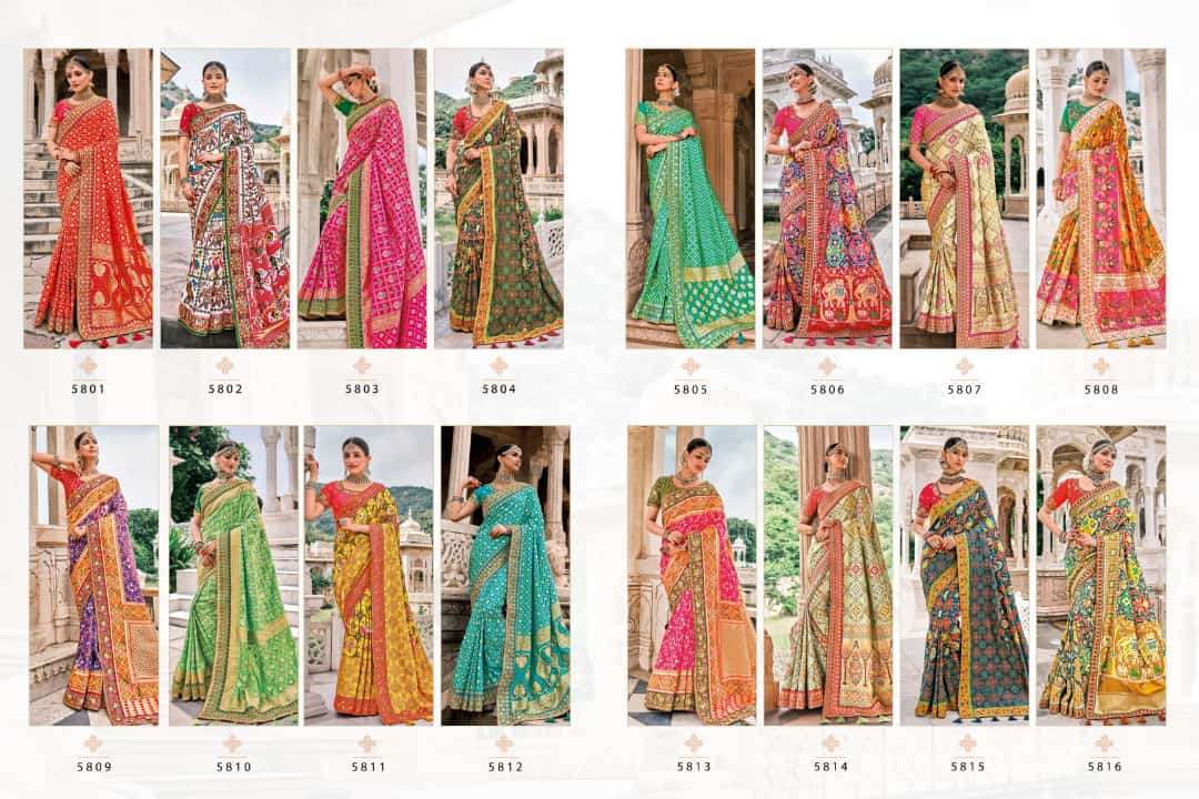 RAJ GHARANA BY M N SAREES 5801 TO 5819 SERIES INDIAN TRADITIONAL WEAR COLLECTION BEAUTIFUL STYLISH FANCY COLORFUL PARTY WEAR & OCCASIONAL WEAR FANCY SAREES AT WHOLESALE PRICE