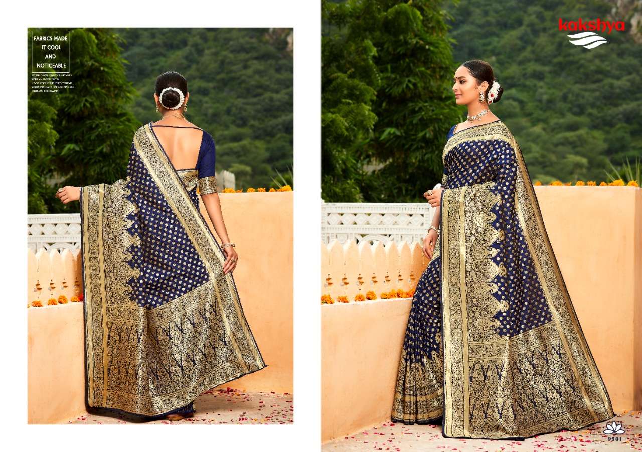 MUSKAAN BY KAKSHYA 9501 TO 9503 SERIES INDIAN TRADITIONAL WEAR COLLECTION BEAUTIFUL STYLISH FANCY COLORFUL PARTY WEAR & OCCASIONAL WEAR BANARASI SILK SAREES AT WHOLESALE PRICE