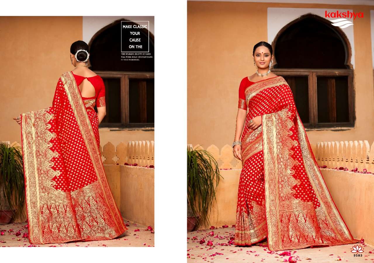 MUSKAAN BY KAKSHYA 9501 TO 9503 SERIES INDIAN TRADITIONAL WEAR COLLECTION BEAUTIFUL STYLISH FANCY COLORFUL PARTY WEAR & OCCASIONAL WEAR BANARASI SILK SAREES AT WHOLESALE PRICE
