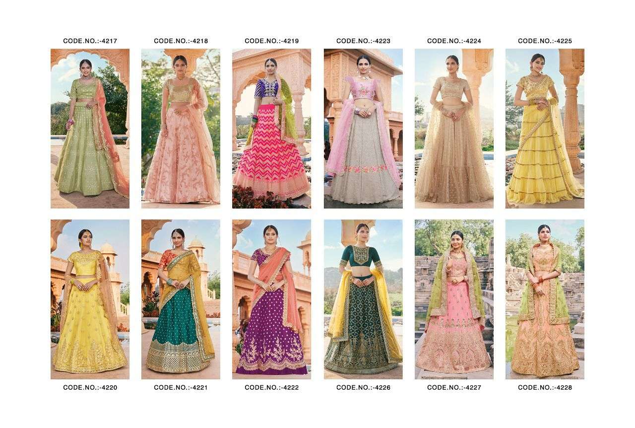 KASAK BY NAKKASHI 4217 TO 4228 SERIES INDIAN TRADITIONAL BEAUTIFUL STYLISH DESIGNER BANARASI SILK JACQUARD EMBROIDERED PARTY WEAR NET LEHENGAS AT WHOLESALE PRICE