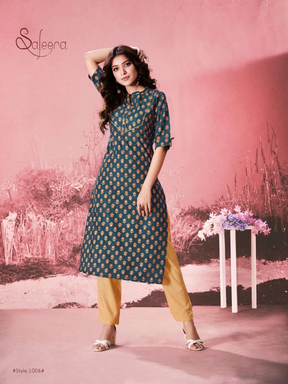 SALEENA BY Z BLACK 1001 TO 1006 SERIES DESIGNER STYLISH FANCY COLORFUL BEAUTIFUL PARTY WEAR & ETHNIC WEAR COLLECTION RAYON SLUB PRINT KURTIS WITH BOTTOM AT WHOLESALE PRICE