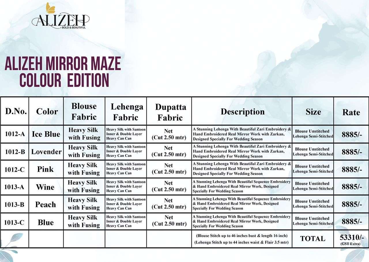 MIRROR MAZE COLOUR EDITION BY ALIZEH 1012-A TO 1013-C SERIES DESIGNER BEAUTIFUL NAVRATRI COLLECTION OCCASIONAL WEAR & PARTY WEAR HEAVY SILK LEHENGAS AT WHOLESALE PRICE