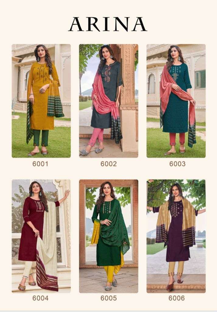 ARINA BY MANAS FAB 6001 TO 6006 SERIES BEAUTIFUL SUITS COLORFUL STYLISH FANCY CASUAL WEAR & ETHNIC WEAR FANCY WEAVING DRESSES AT WHOLESALE PRICE