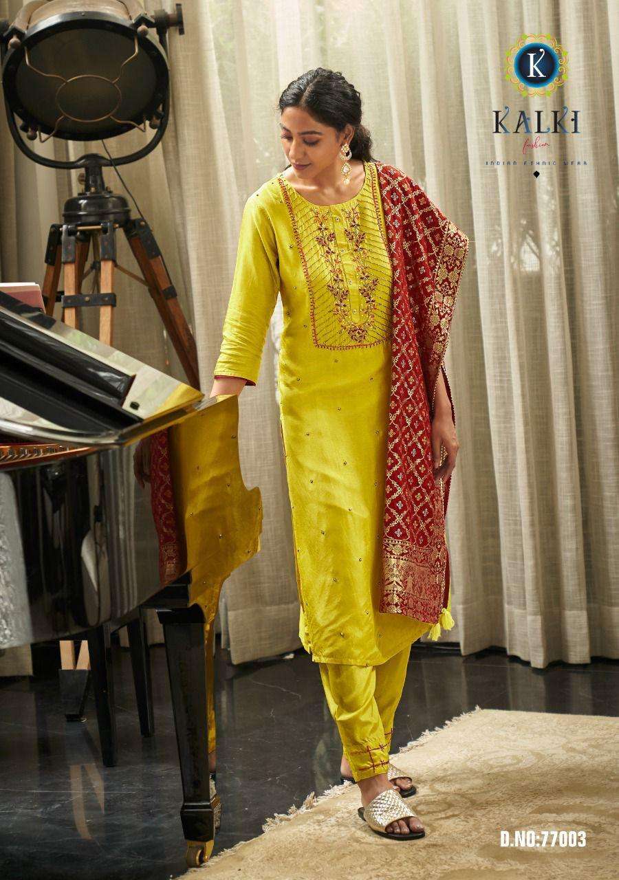 FESTIVAL LUXURY COLLECTION BY KALKI 77001 TO 77006 SERIES BEAUTIFUL SUITS COLORFUL STYLISH FANCY CASUAL WEAR & ETHNIC WEAR PURE VISCOSE SILK DRESSES AT WHOLESALE PRICE