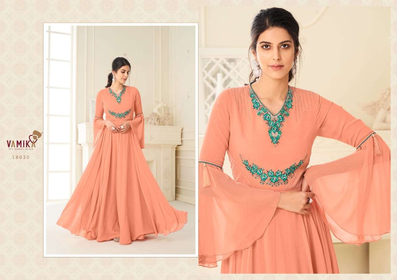 SUI DHAAGA VOL-4 BY VAMIKA 18025 TO 18032 SERIES DESIGNER BEAUTIFUL STYLISH FANCY COLORFUL PARTY WEAR & OCCASIONAL WEAR HEAVY GEORGETTE WITH EMBROIDERY GOWNS AT WHOLESALE PRICE