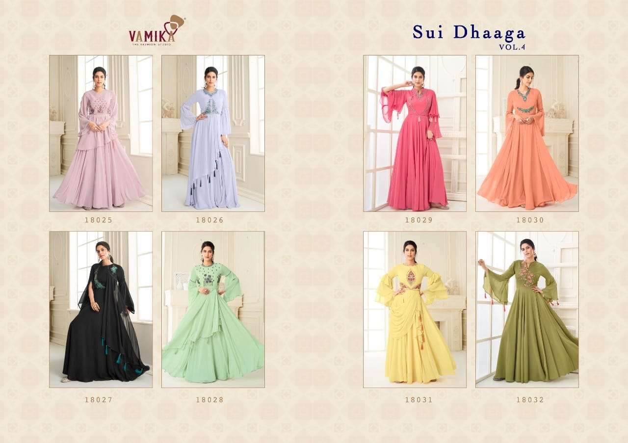 SUI DHAAGA VOL-4 BY VAMIKA 18025 TO 18032 SERIES DESIGNER BEAUTIFUL STYLISH FANCY COLORFUL PARTY WEAR & OCCASIONAL WEAR HEAVY GEORGETTE WITH EMBROIDERY GOWNS AT WHOLESALE PRICE