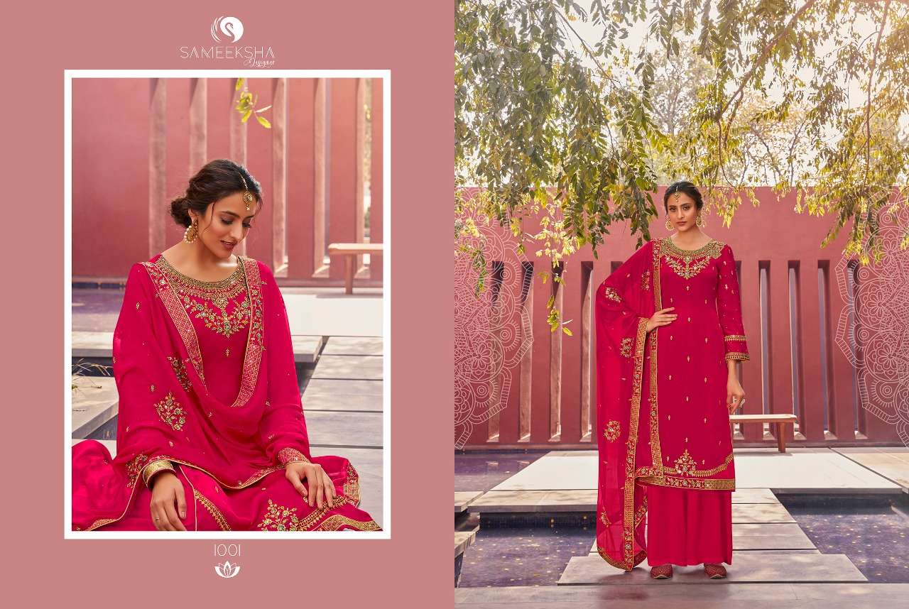 SAVARIYA BY SAMMEKSHA DESIGNER 1001 TO 1007 SERIES BEAUTIFUL STYLISH SHARARA SUITS FANCY COLORFUL CASUAL WEAR & ETHNIC WEAR & READY TO WEAR GEORGETTE SATIN DRESSES AT WHOLESALE PRICE