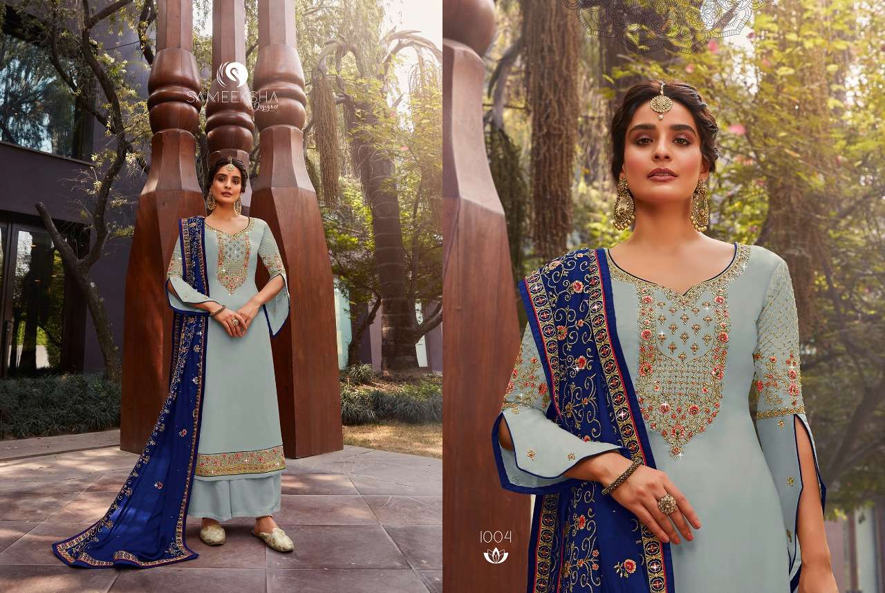 SAVARIYA BY SAMMEKSHA DESIGNER 1001 TO 1007 SERIES BEAUTIFUL STYLISH SHARARA SUITS FANCY COLORFUL CASUAL WEAR & ETHNIC WEAR & READY TO WEAR GEORGETTE SATIN DRESSES AT WHOLESALE PRICE