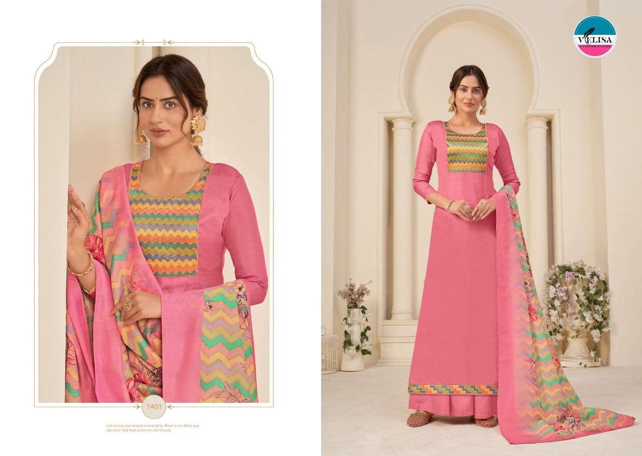 LAILA BY VELISA 1401 TO 1404 SERIES BEAUTIFUL SUITS COLORFUL STYLISH FANCY CASUAL WEAR & ETHNIC WEAR TUSSAR SILK EMBROIDERED DRESSES AT WHOLESALE PRICE