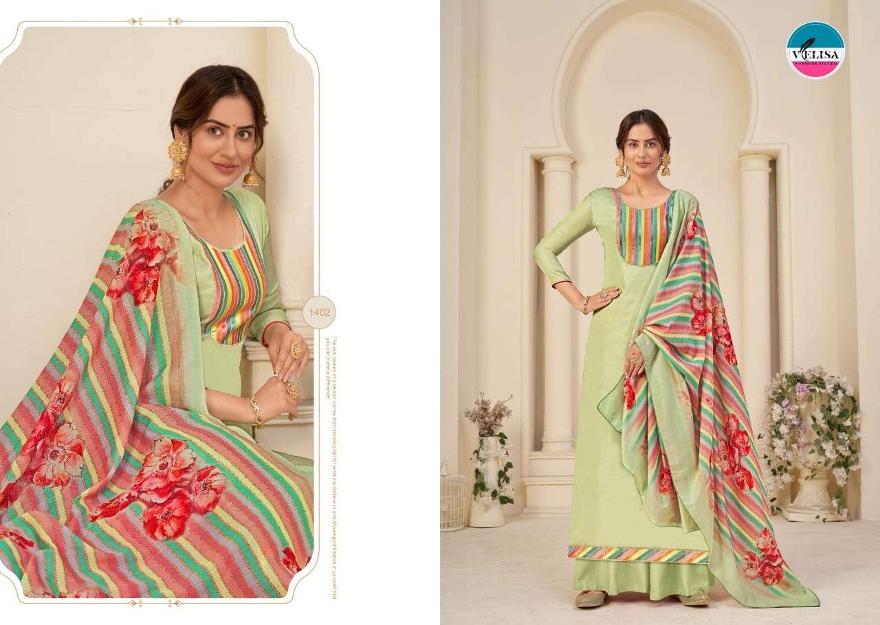 LAILA BY VELISA 1401 TO 1404 SERIES BEAUTIFUL SUITS COLORFUL STYLISH FANCY CASUAL WEAR & ETHNIC WEAR TUSSAR SILK EMBROIDERED DRESSES AT WHOLESALE PRICE
