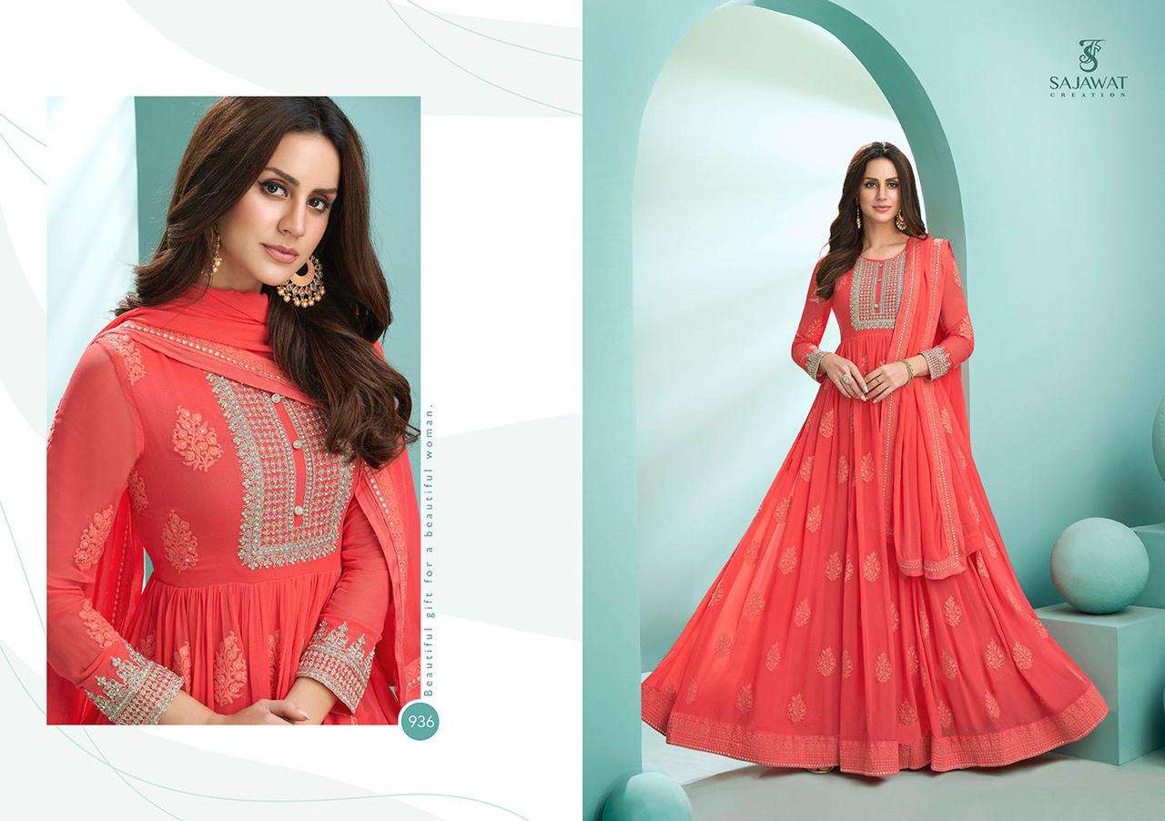 KALPI VOL-1 BY SAJAWAT CREATION 931 TO 936 SERIES BEAUTIFUL STYLISH ANARKALI SUITS FANCY COLORFUL CASUAL WEAR & ETHNIC WEAR & READY TO WEAR HEAVY FAUX GEORGETTE EMBROIDERED DRESSES AT WHOLESALE PRICE