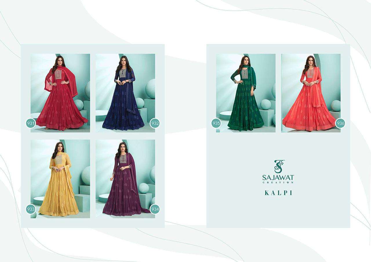 KALPI VOL-1 BY SAJAWAT CREATION 931 TO 936 SERIES BEAUTIFUL STYLISH ANARKALI SUITS FANCY COLORFUL CASUAL WEAR & ETHNIC WEAR & READY TO WEAR HEAVY FAUX GEORGETTE EMBROIDERED DRESSES AT WHOLESALE PRICE