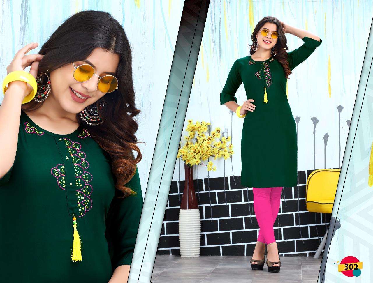 HAPPY VOL-3 BY TRENDY 301 TO 308 SERIES DESIGNER STYLISH FANCY COLORFUL BEAUTIFUL PARTY WEAR & ETHNIC WEAR COLLECTION RAYON EMBROIDERY KURTIS AT WHOLESALE PRICE