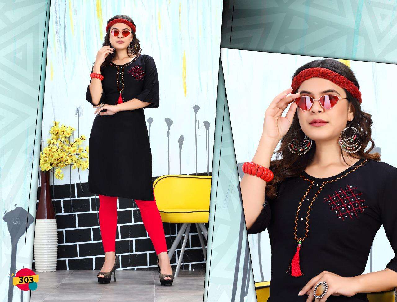 HAPPY VOL-3 BY TRENDY 301 TO 308 SERIES DESIGNER STYLISH FANCY COLORFUL BEAUTIFUL PARTY WEAR & ETHNIC WEAR COLLECTION RAYON EMBROIDERY KURTIS AT WHOLESALE PRICE