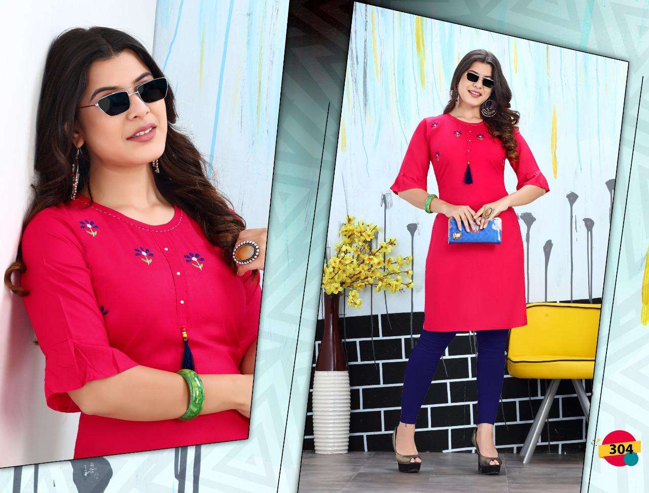 HAPPY VOL-3 BY TRENDY 301 TO 308 SERIES DESIGNER STYLISH FANCY COLORFUL BEAUTIFUL PARTY WEAR & ETHNIC WEAR COLLECTION RAYON EMBROIDERY KURTIS AT WHOLESALE PRICE