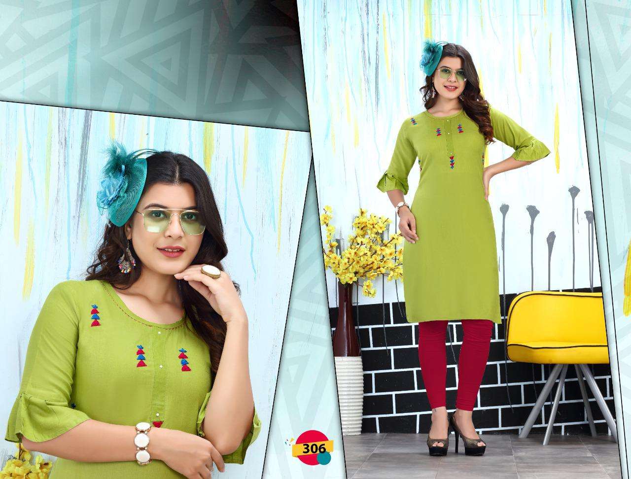 HAPPY VOL-3 BY TRENDY 301 TO 308 SERIES DESIGNER STYLISH FANCY COLORFUL BEAUTIFUL PARTY WEAR & ETHNIC WEAR COLLECTION RAYON EMBROIDERY KURTIS AT WHOLESALE PRICE