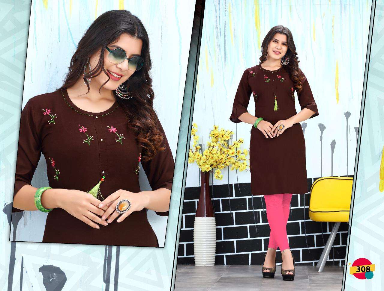 HAPPY VOL-3 BY TRENDY 301 TO 308 SERIES DESIGNER STYLISH FANCY COLORFUL BEAUTIFUL PARTY WEAR & ETHNIC WEAR COLLECTION RAYON EMBROIDERY KURTIS AT WHOLESALE PRICE