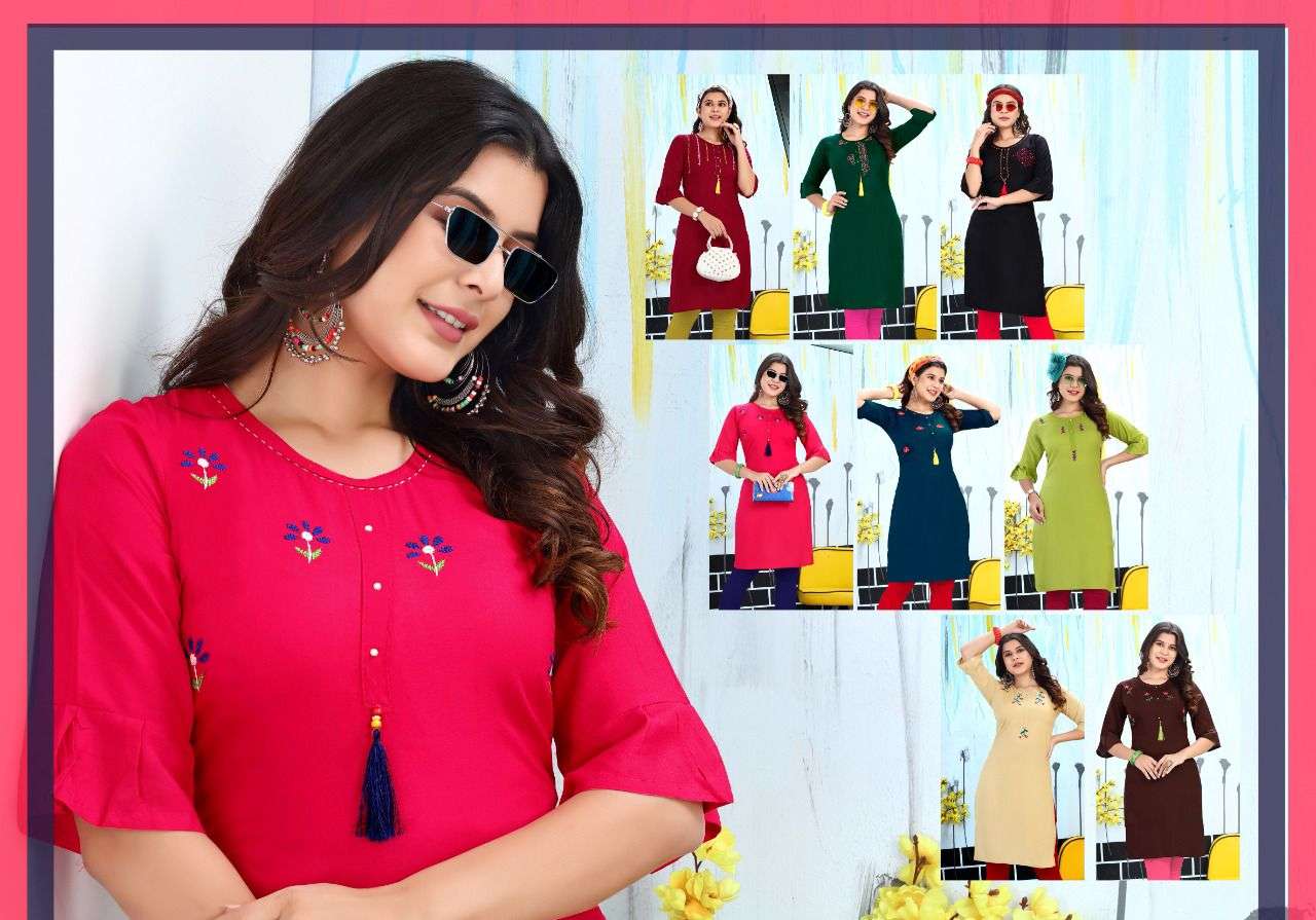 HAPPY VOL-3 BY TRENDY 301 TO 308 SERIES DESIGNER STYLISH FANCY COLORFUL BEAUTIFUL PARTY WEAR & ETHNIC WEAR COLLECTION RAYON EMBROIDERY KURTIS AT WHOLESALE PRICE