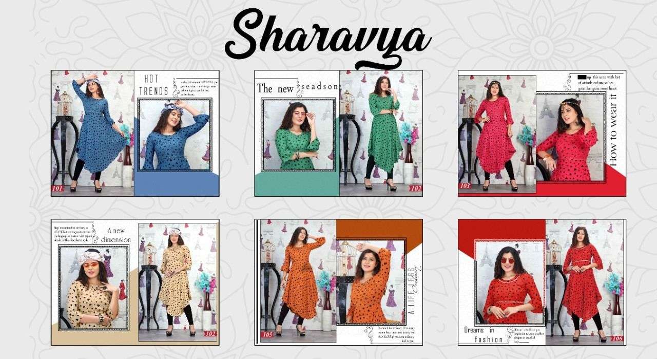 SHARAVYA BY TRENDY 101 TO 106 SERIES DESIGNER STYLISH FANCY COLORFUL BEAUTIFUL PARTY WEAR & ETHNIC WEAR COLLECTION RAYON PRINT WITH WORK KURTIS AT WHOLESALE PRICE