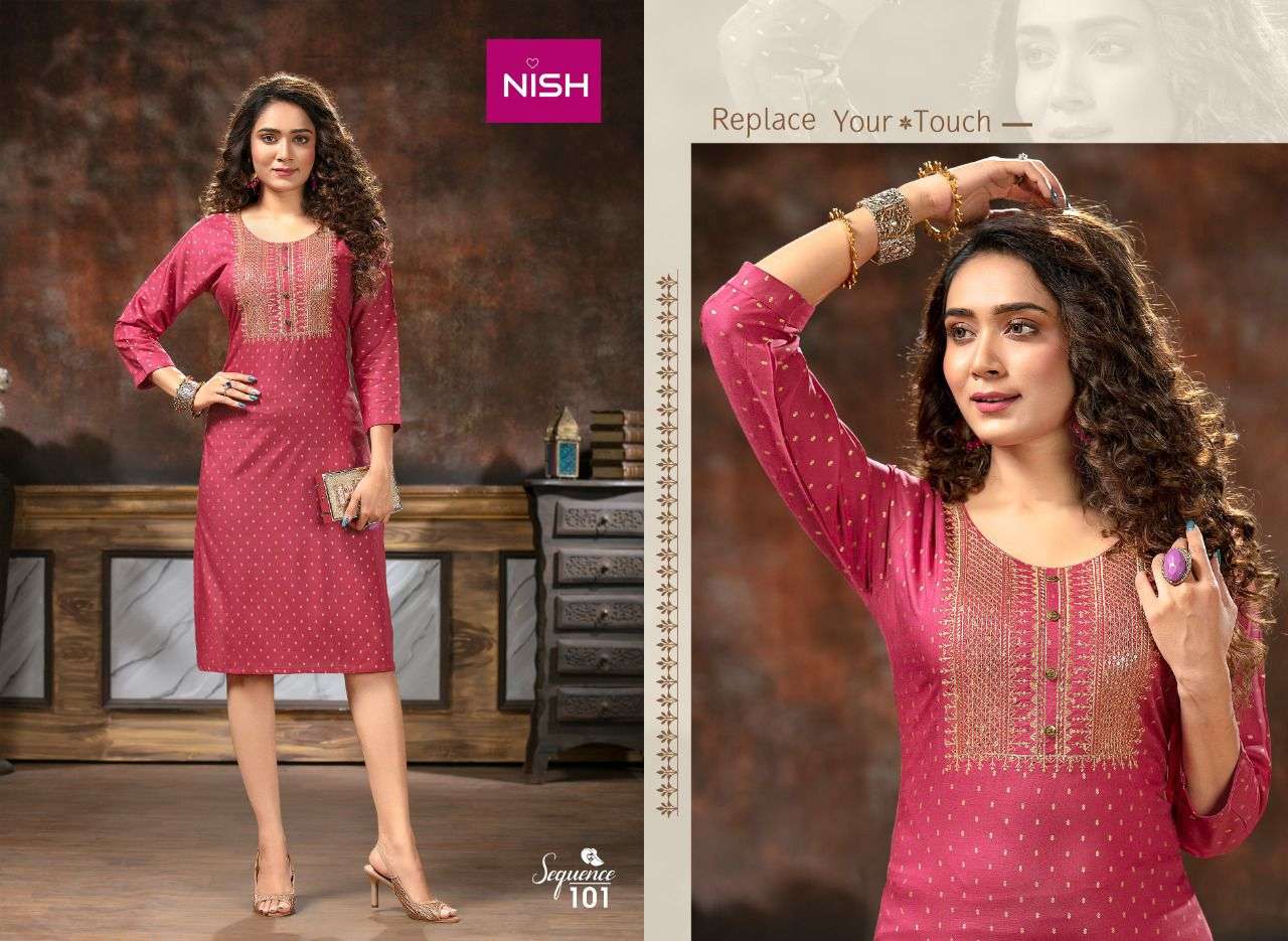 SEQUENCE BY NISH 101 TO 108 SERIES DESIGNER STYLISH FANCY COLORFUL BEAUTIFUL PARTY WEAR & ETHNIC WEAR COLLECTION RAYON DOBBY KURTIS AT WHOLESALE PRICE
