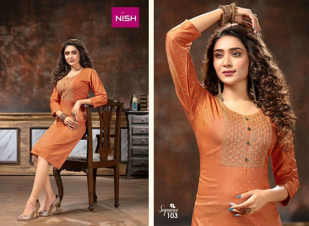 SEQUENCE BY NISH 101 TO 108 SERIES DESIGNER STYLISH FANCY COLORFUL BEAUTIFUL PARTY WEAR & ETHNIC WEAR COLLECTION RAYON DOBBY KURTIS AT WHOLESALE PRICE