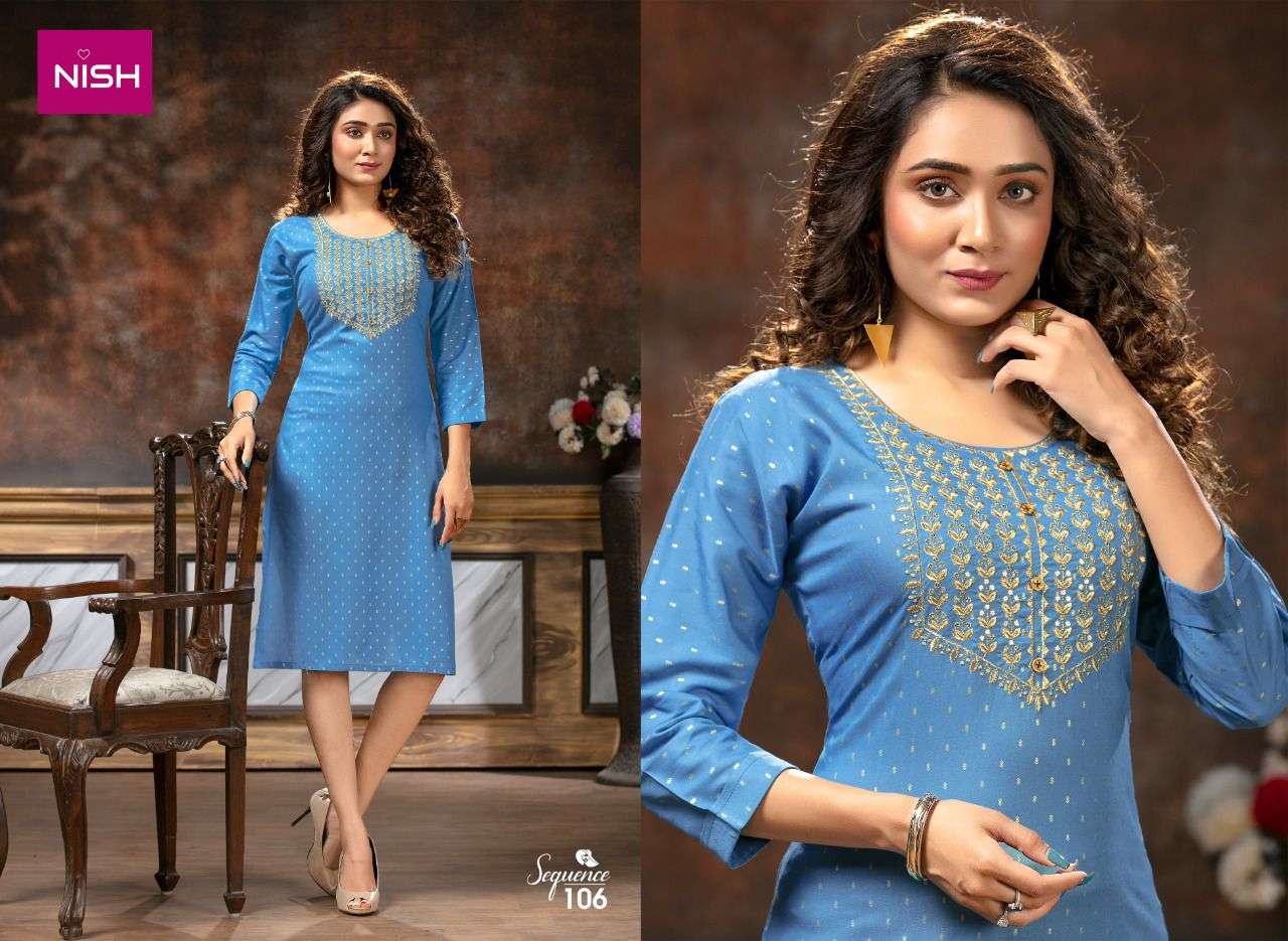 SEQUENCE BY NISH 101 TO 108 SERIES DESIGNER STYLISH FANCY COLORFUL BEAUTIFUL PARTY WEAR & ETHNIC WEAR COLLECTION RAYON DOBBY KURTIS AT WHOLESALE PRICE
