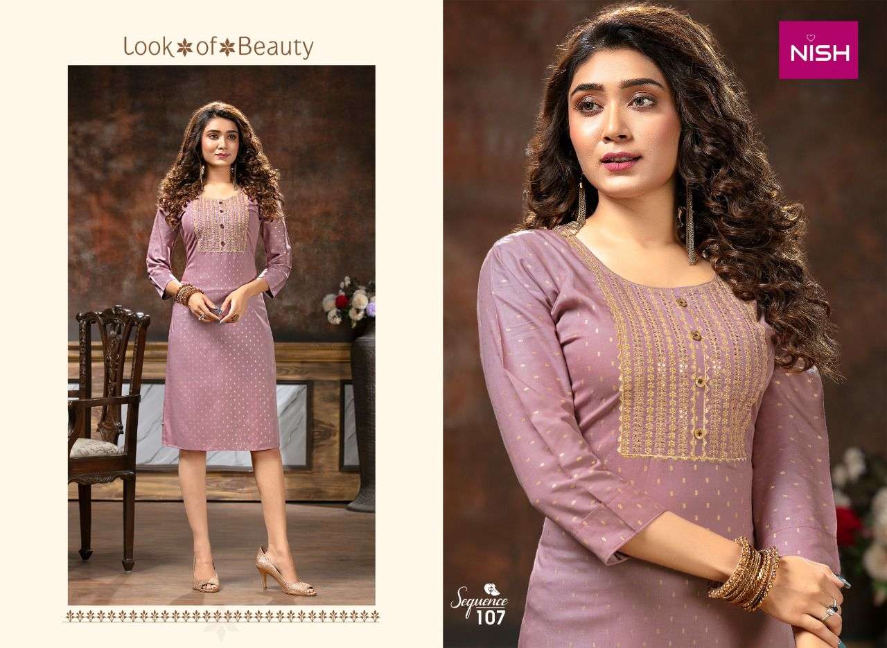 SEQUENCE BY NISH 101 TO 108 SERIES DESIGNER STYLISH FANCY COLORFUL BEAUTIFUL PARTY WEAR & ETHNIC WEAR COLLECTION RAYON DOBBY KURTIS AT WHOLESALE PRICE