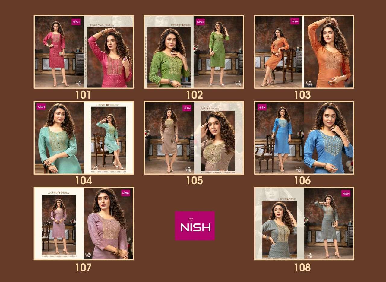 SEQUENCE BY NISH 101 TO 108 SERIES DESIGNER STYLISH FANCY COLORFUL BEAUTIFUL PARTY WEAR & ETHNIC WEAR COLLECTION RAYON DOBBY KURTIS AT WHOLESALE PRICE