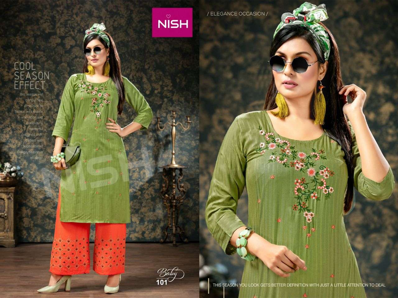 BABY BY NISH 101 TO 106 SERIES DESIGNER STYLISH FANCY COLORFUL BEAUTIFUL PARTY WEAR & ETHNIC WEAR COLLECTION RAYON DOBBY KURTIS WITH BOTTOM AT WHOLESALE PRICE