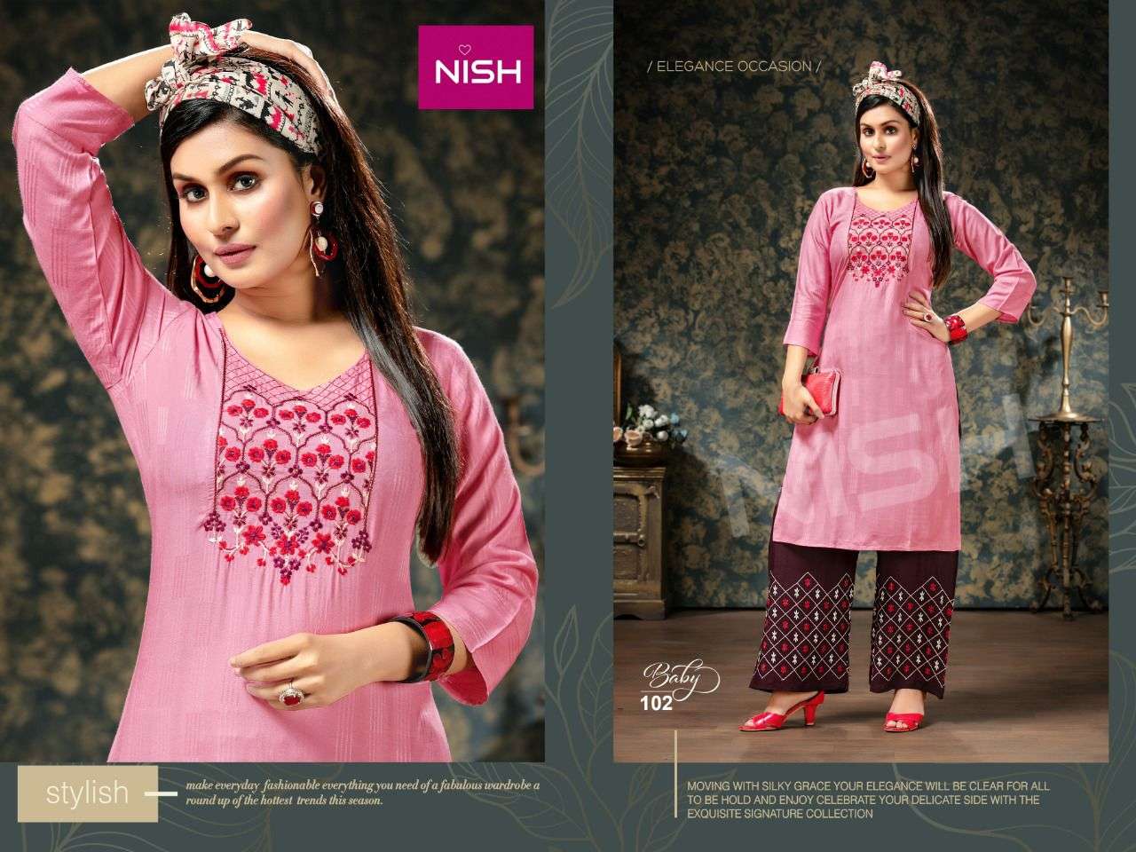 BABY BY NISH 101 TO 106 SERIES DESIGNER STYLISH FANCY COLORFUL BEAUTIFUL PARTY WEAR & ETHNIC WEAR COLLECTION RAYON DOBBY KURTIS WITH BOTTOM AT WHOLESALE PRICE