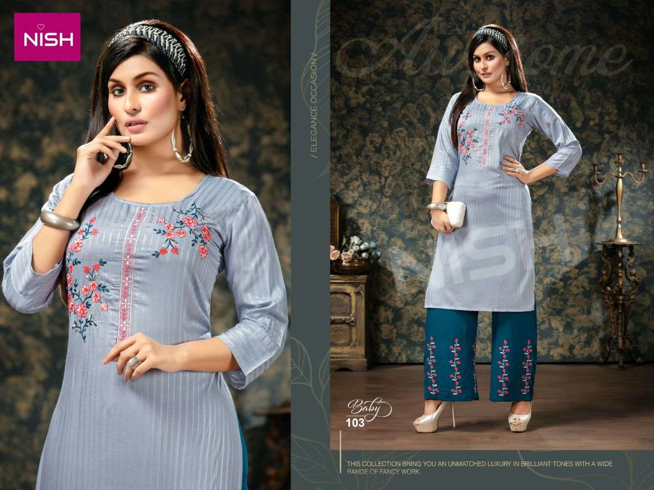 BABY BY NISH 101 TO 106 SERIES DESIGNER STYLISH FANCY COLORFUL BEAUTIFUL PARTY WEAR & ETHNIC WEAR COLLECTION RAYON DOBBY KURTIS WITH BOTTOM AT WHOLESALE PRICE